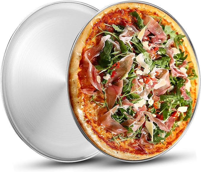 Deedro Stainless Steel Pizza Pan, 13 inch Round Pizza Baking Sheet, Healthy Pizza Baking & Serving Tray, Crisper Pan with Dishwasher Safe 2 Pack