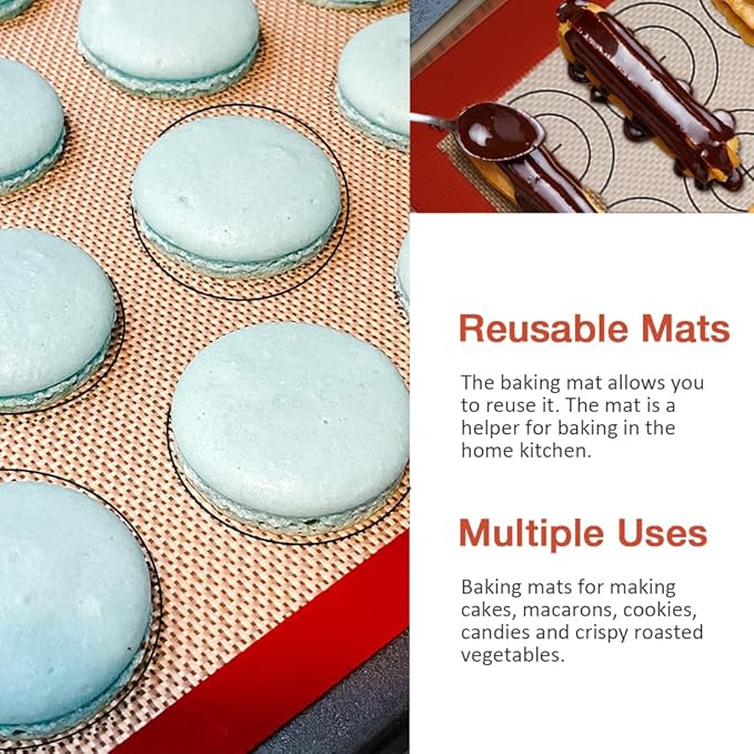 Small Macaron Silicone Baking Mat, 3 Pack Quarter Sheet Baking Mats (11.8 x 8.5 IN), Silicone Baking Sheet for Macarons, Cookies, Pastry, Pizza (Red, Blue, Grey)