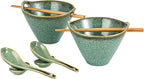 HENXFEN LEAD Japanese Ramen Bowls Set of 2 - Deep Ceramic Soup Bowls with Spoons, Chopsticks and Holder, 20 Oz Serving Dishes for Pho, Udon Noodle, Cereal