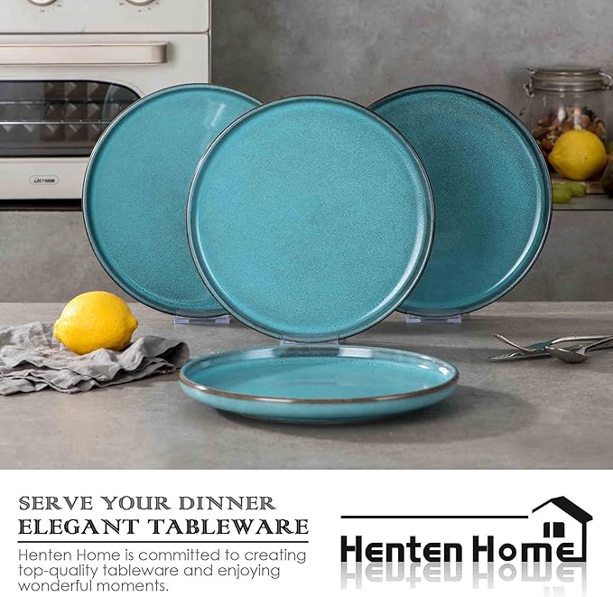 Henten Home 10 Inch Ceramic Dinner Plates, Porcelain Pasta Plates Set of 4, Fluted Round Plates for Kitchen, Steak, Salad Stonware Dishes, Scratch Resistant, Dishwasher & Microwave Safe (Aqua)