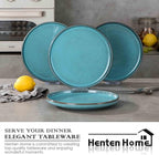 Henten Home 10 Inch Ceramic Dinner Plates, Porcelain Pasta Plates Set of 4, Fluted Round Plates for Kitchen, Steak, Salad Stonware Dishes, Scratch Resistant, Dishwasher & Microwave Safe (Aqua)