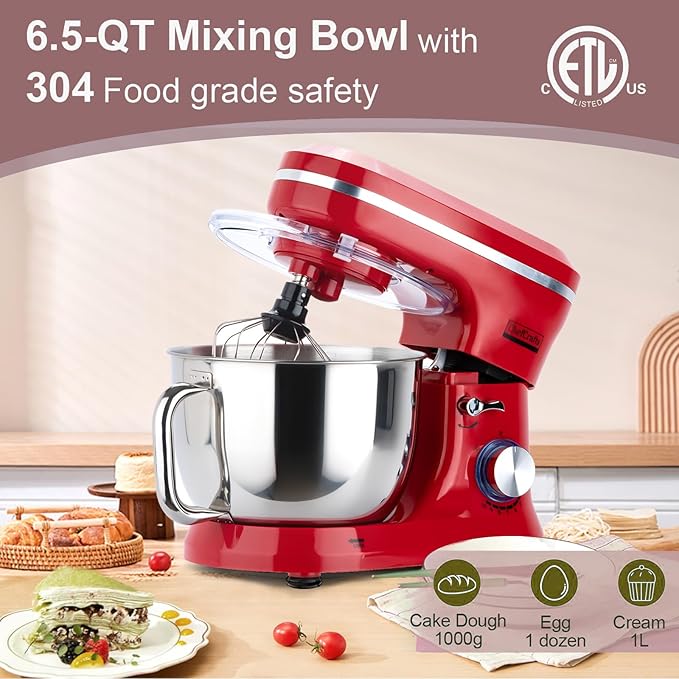 Household Stand Mixer with 6.5 Quart Bowl, Electric Food Mixer 10+p Speeds 660W, Kitchen Tilt-Head Bread Dough and Cake Mixers with Dough Hook, Whisk, Beater, Splash Guard and Egg Separator (Red)