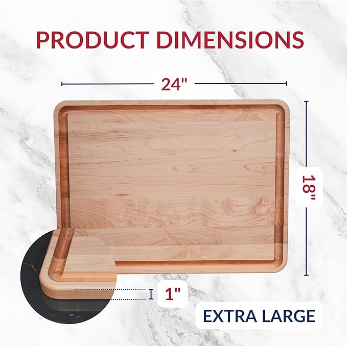 Made in USA Extra Large Solid Maple Wood Cutting Board by Virginia Boys Kitchens - Butcher Block Wooden Carving Board with Juice Groove made from Sustainable North American Hardwood (18x24)