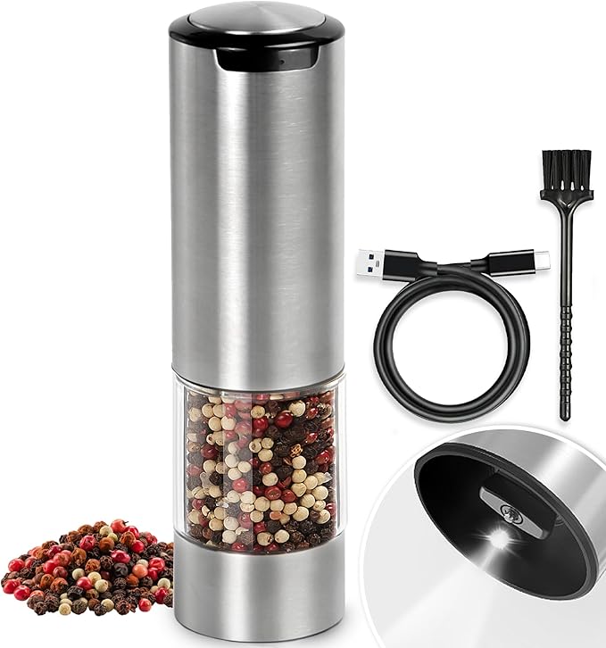 Electric Salt and Pepper Grinder – Automatic One-Handed Operation, Rechargeable Stainless Steel Mills, LED Light, 5-Level Adjustable Coarseness
