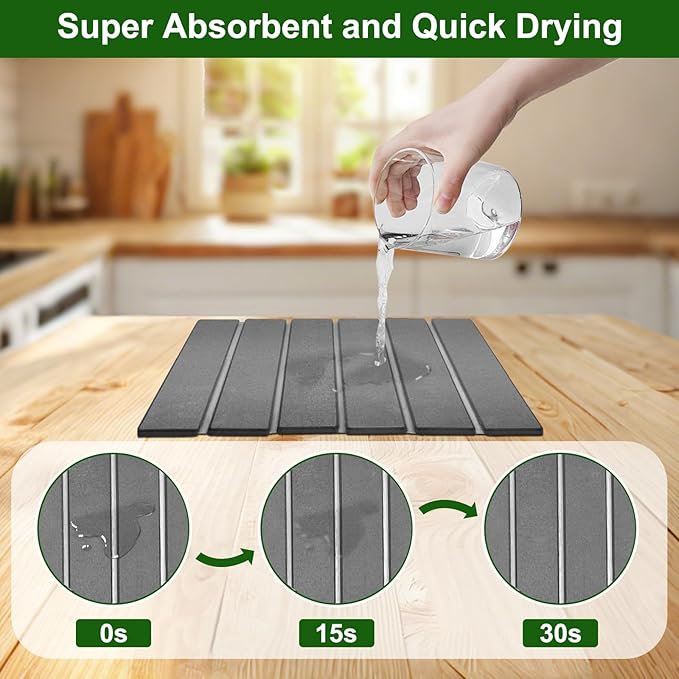 Stone Dish Drying Mat For Kitchen Counter, 16 x 12 Inch Collapsible Stone Drying Mat, Quick Dry Absorbent Diatomaceous Earth Mat, Self-Drying Dish Drying Mat For Dishes Sink Bathtub-Gray