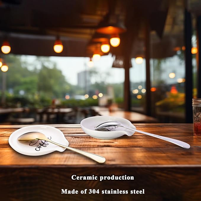 Coffee Spoon Rest with spoon, Mini Coffee Spoon Holder for Coffee Stirrers, Teaspoon, Coffee Bar Accessories, (White Coffee Spoon Rest with Pattern & Gold Ellipse Spoon)