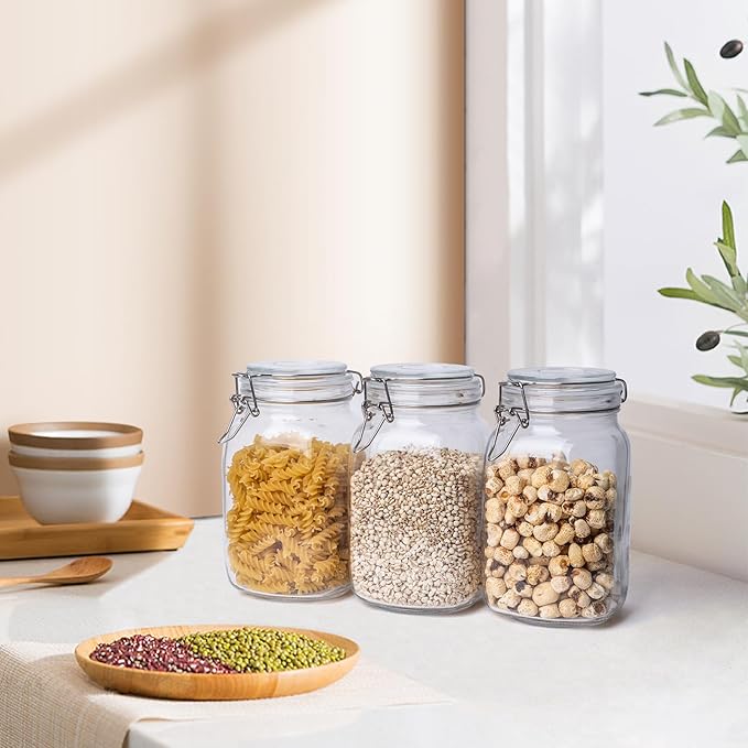 Glass Jars with Airtight Lid, Large Glass Food Storage Jars, 3 Pack Wide Mouth Airtight Glass Jars ffor Flour, Cereal, Coffee, Pasta and Canning(50OZ)