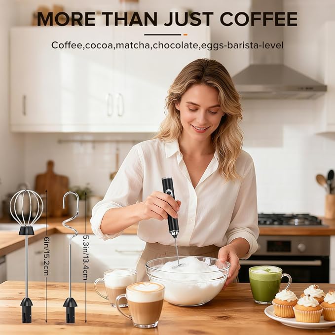 Milk Frother Handheld, 3-Speed Frother Wand USB-C Rechargeable, with 3 Detachable Whisks, Coffee Frother for Coffee,Latte, Cappuccino, Matcha, Hot Chocolate & Eggs, Electric Whisk Drink Mixer (Black)