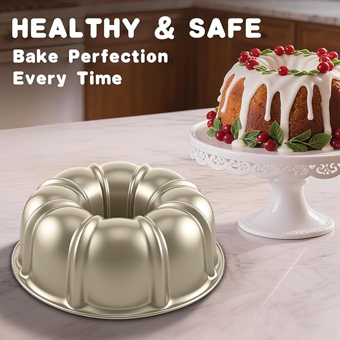 Bundt Cake Pan, 10-Inch Nonstick Round Fluted Tube Cake Baking Pan, Buntz Pound Cake Mold,Tube Bakeware,Baking Mold for Jello/Gelatin/Chocoflan/Flan, Non Toxic, Easy Clean - Gold