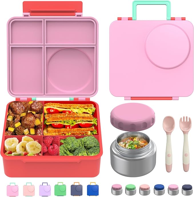 Bento Box for Kids - Leak-Proof Lunch Box with Insulated Thermos Food Jar - 4 Compartments, 1 Removable Divider, 1Spoon, 1 Fork - Dishwasher Safe, BPA-Free (Pink)