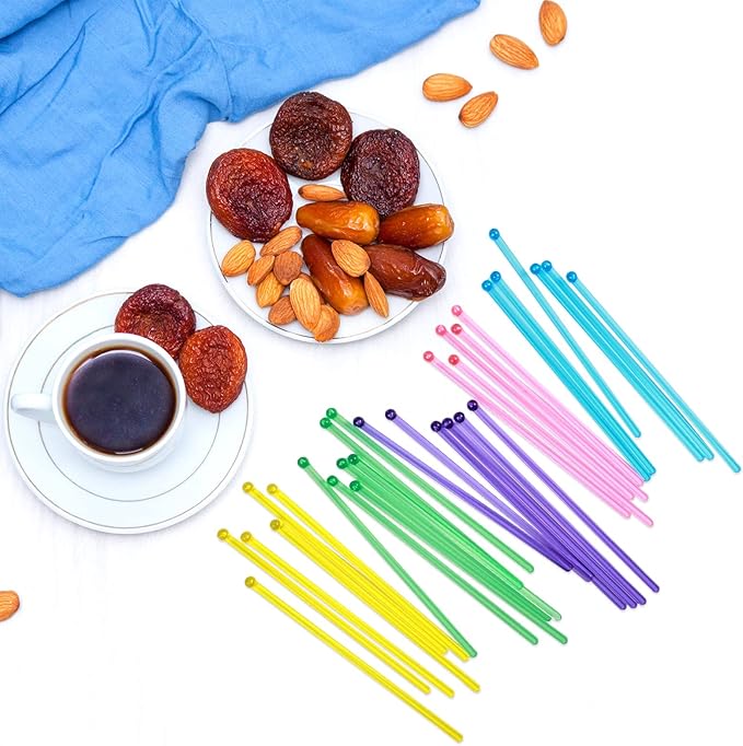 100 Pieces Disposable Plastic Round Top Crystal Swizzle Sticks (MultiColor)