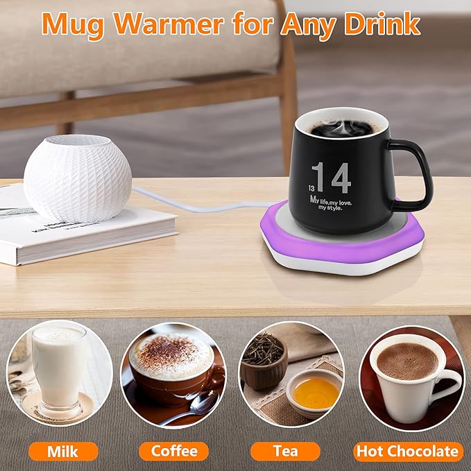 Smart Beverage Heating Plate Candle Wax Cup Warmer Electric Thermostat Coaster for Hot Coffee Milk Tea Water Cocoa Desk Home Office Use Christmas Birthday Gift Auto Shut Off White