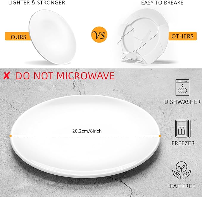 Melamine Dinner Plates,Round,Flat Bottom,White,9 Inches,Set of 6,PYW-9-06