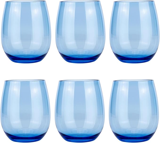 KX-WARE Unbreakable 18-ounce Acrylic Stemless Wine Glasses All Purpose Plastic Tumbler, set of 6 Blue Dishwasher Safe BPA Free Classic Style