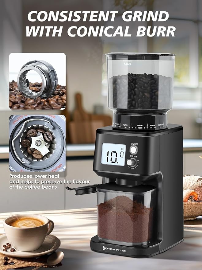 Homtone Conical Burr Espresso Coffee Grinder, Electric Coffee Grinder with 51 Precise Settings, 120V Espresso Grinder with Portafilter Holder, Adjustable for 2-12 Cups, Stainless Steel, Anti-static