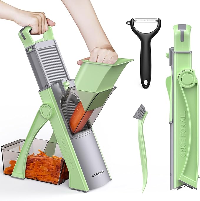2025 [All in 1] Upgraded Version Safe Mandoline Slicer for Kitchen, Adjustable Thickness. Detachable Blade, Veggie Slicer, Rapid Prep Mandoline, with Cleaning Brush/Paring Knife (MatchaGreen)