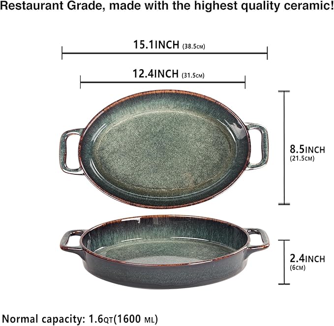 12" x 8" Porcelain Oval Casserole Dishes - Baking Dish for Oven, 1.6 QT Ceramic Lasagna Pans, Oven Safe Bakeware for Kitchen Cooking, Cake, Banquet and Dinner