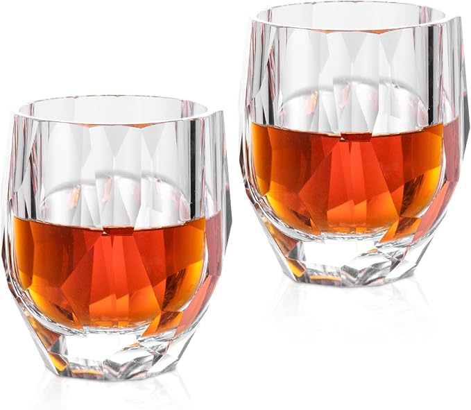 KAMMAK Geometric Faceted Whiskey Glass Modern Crystal Tumbler with Thick Stable Base 7.78 oz Lead-Free Elegant Barware for Scotch, Bourbon, Cocktail, Wine - Ideal Gift & Modern Home Drinkware