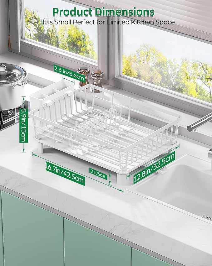 Dish Drying Rack, Stainless Steel Drainer Rack with Drainboard with Smart Drainage System, Space Saving Dish Strainer for Kitchen Counter with Cutlery Holder