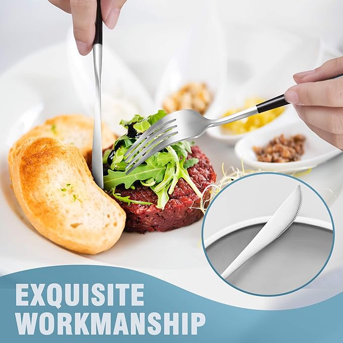 Lemeya Matte Black Silver Silverware Set for 6,Modern Stainless Steel Brushed Cutlery Set,30-Pieces Heavy Duty Flatware Set,Knives Spoons and Forks Set Utensils Set, Satin Finish, Dishwasher Safe