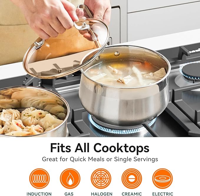 WANGYUANJI 2.5-Quart Stainless Steel Saucepan with Steamer Basket, 2-in-1 Pot & Steamer, Tri-Ply Base, Tempered Glass Lid, Induction Compatible