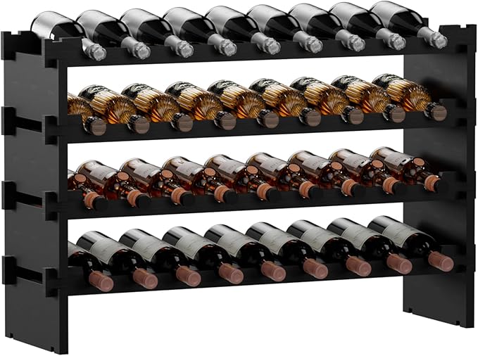 Bambloom Wine Rack Freestanding Floor, Stackable Wine Bottle Storage, Wooden Free Standing Wine Stand Organizer for Kitchen,Cellar. 36 Bottles Wine Holder Display Shelves for Champagne (Black)