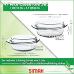 Simax Casserole Dish Set, Set of 2 Casserole Dish with Lid, Round Glass Cookware, Borosilicate Glass, Made In Europe 1 Qt and 1.5 Qt Baking Dishes
