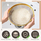 Baderke 3 Pieces Stainless Steel Gold Colander Metal Strainer with Handle Pasta Gold Colander for Kitchen Draining Pasta Rinsing Vegetables Rice Food, 3 Sizes (1.5-3-5 Quart,Novel)