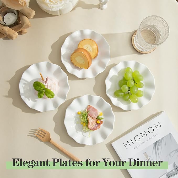 6 Inch Porcelain Appetizer Plates Set of 18, Small Dinner Plates, Dessert Salad Plates, White Wave Rim Serving Dishes for Cake, Snack, Ice Cream, Waffles, Microwave, Oven, and Dishwasher Safe