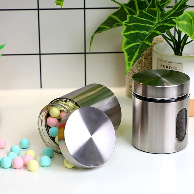 6 Pack Kitchen Canisters Set Airtight Coffee Sugar Tea Candy Storage Jars with Window Glass Stainless Steel Containers with Lids for Flour Cookies Spices Grains Kitchen Decorations(20 oz)