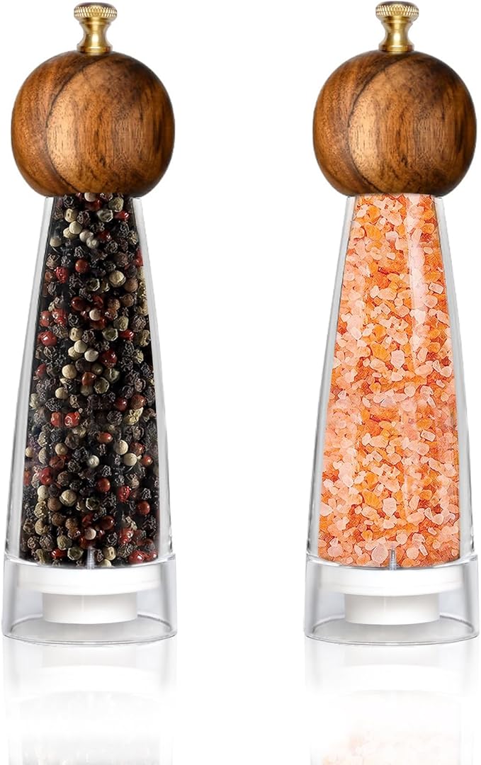 Pepper Mills, Classic Manual Transparent Pepper Grinder & Salt Mills 2Pcs 8in，Solid Wood Hand Shaker Rotor Pepper Salt Grinder ，Ceramic Core With Adjustable Coarse Mill for Various Spices