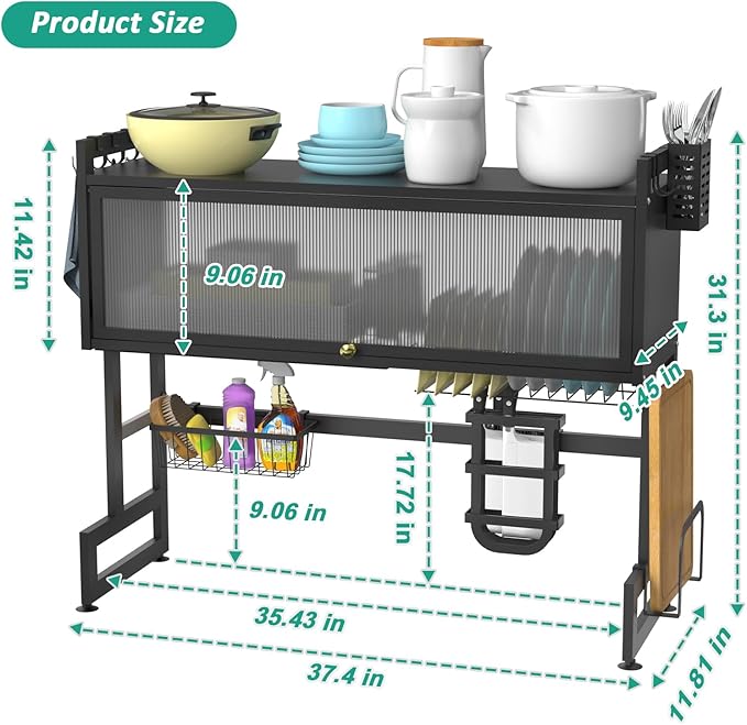 bukfen Dish Drying Rack, Over The Sink Dish Drainer Drying Rack 2 Tier Dish Rack with Cover for Kitchen (Black, Large 37.40 Length)