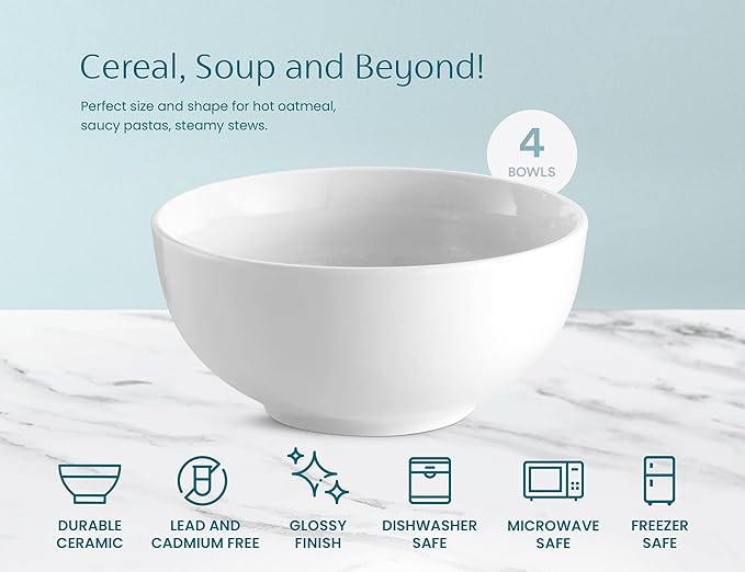 KooK Ceramic Soup Bowls, Cereal Bowl, Microwave, Dishwasher and Freezer Safe, Porcelain Dishes for Pasta, Salad, Oatmeal, Deep Interior, 20 oz, Set of 4, Marshmallow White