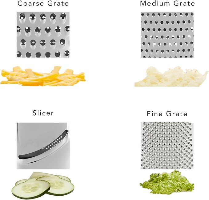 KitchenAid Gourmet 4-Sided Stainless Steel Box Grater for Fine, Medium and Coarse Grate, and Slicing, Detachable 3 Cup Storage Container and Measurment Markings, Dishwasher Safe, 10 inch, Red
