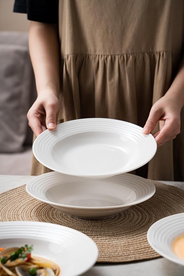 8.7-inch Wide Rim Ceramic Soup Bowl - Lead-Free White Pasta Bowls for Spaghetti, Salad, Stew, Rice Microwave & Dishwasher Safe - Scratch-Resistant & Heatproof Design Set of 2