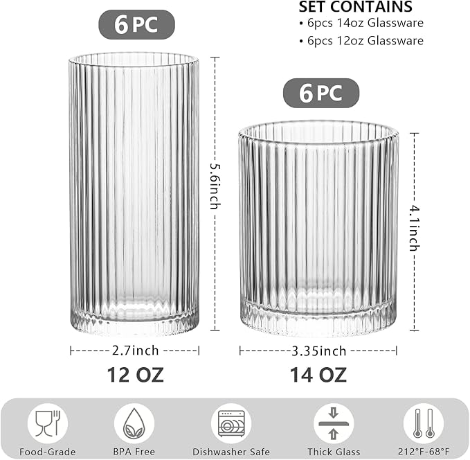 INSETLAN 12-Piece Ribbed Glassware - 6 Highball Glasses 12 oz, 6 Rocks Glass Cups 14 oz, Vintage Cocktail Drinking Glasses, Ideal for Wine, Juice, Water, Ice Coffee Cup, Whiskey, Mixed Drinkware