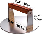 Smash Burger Press 8 Inch, 3.1 Lb Burger Smasher, Heatable for Searing Panini, Steak, Chicken, Salmon, Stainless Steel Bacon Press, Flat Bottom, Seasoning Free, Wooden Handle No Spin