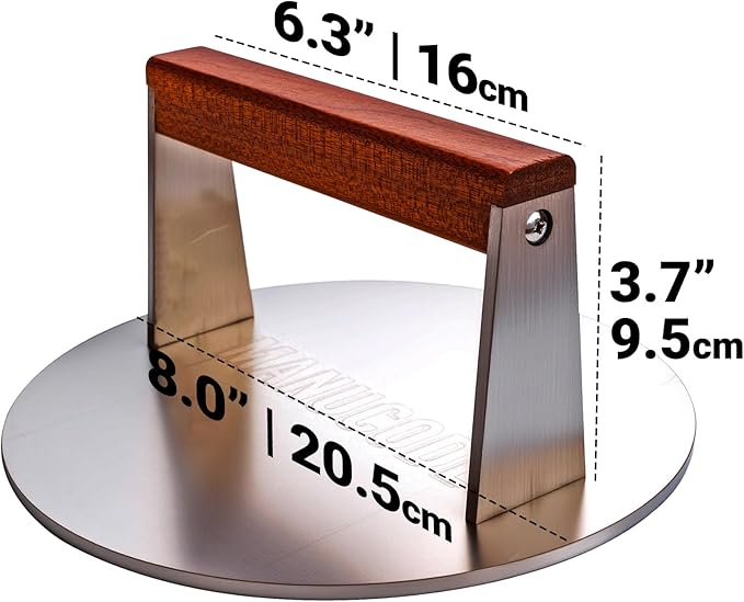 Smash Burger Press 8 Inch, 3.1 Lb Burger Smasher, Heatable for Searing Panini, Steak, Chicken, Salmon, Stainless Steel Bacon Press, Flat Bottom, Seasoning Free, Wooden Handle No Spin