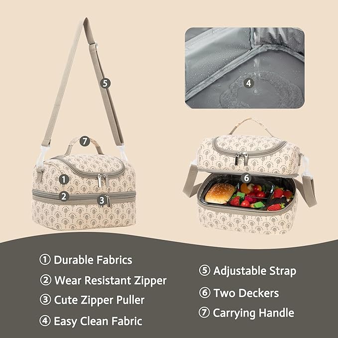 Insulated Kids Dual Compartment Lunch Bags Tote for Girls Boys Toddler Lunch Boxes Pre-School Toddler Kindergarten Picnic Camp Food Cooler Thermal with Strap (Z Beige)