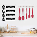 HOTEC Heat Resistant 600℉ BPA-Free Silicone Rubber Spatula Set, Kithchen Cooking Spatulas, Baking, Mixing, for Non Stick Cookware, Dishwasher Safe, Red Set of 5