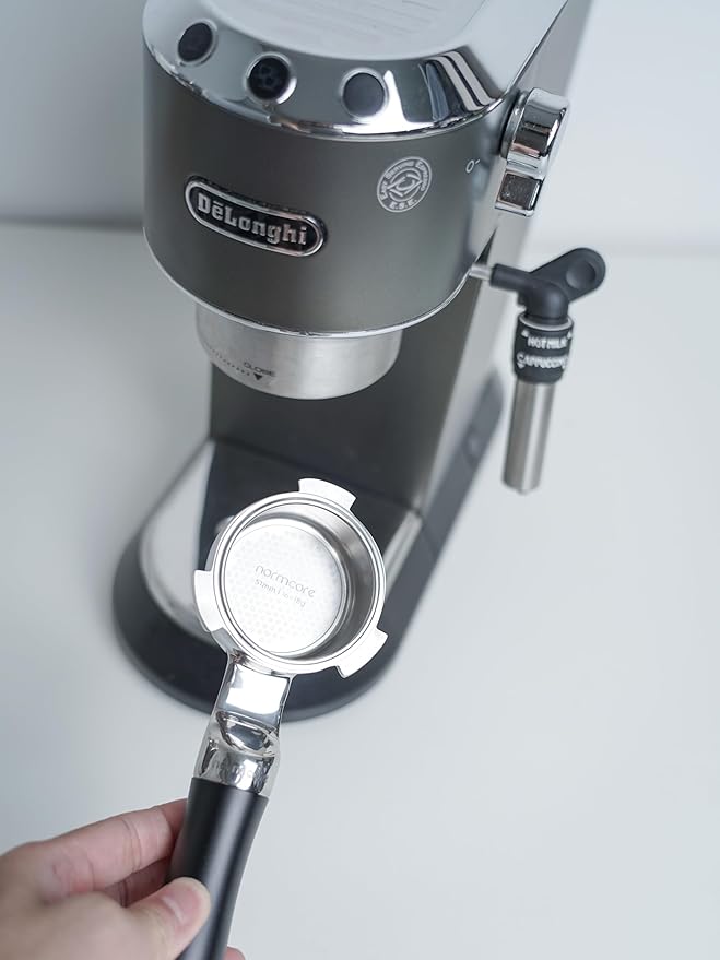 Normcore 51mm Bottomless Portafilter Fits DeLonghi Dedica EC680 EC685, SMEG, EUPA Machines, 3-Ear Naked Portafilter with Anodized Aluminum Handle, Included 18 g Precision Double shot Basket