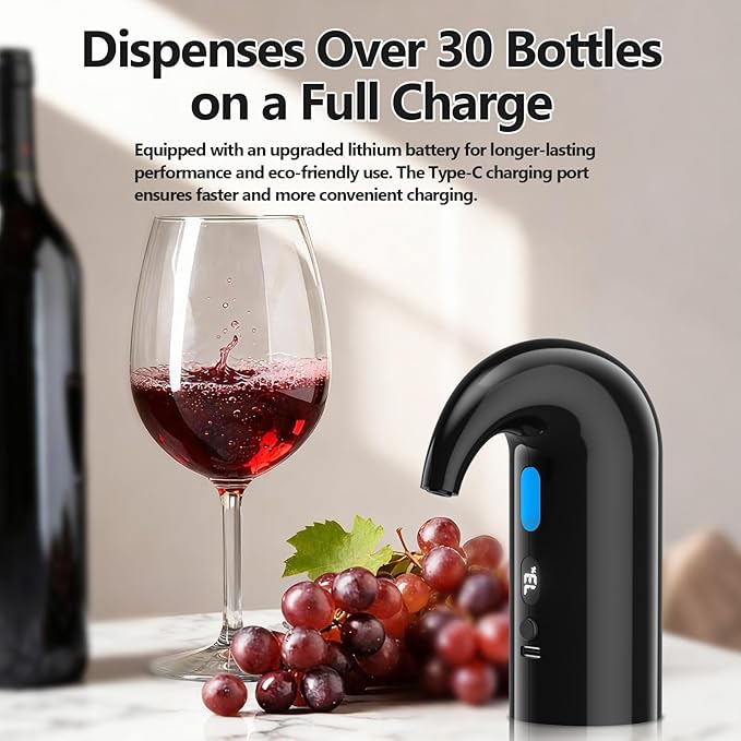 Electric Wine Aerator & Decanter Pump – Quiet Dual-Pump Aeration, Measured Pouring, Temp Display & USB Rechargeable System – Professional Wine Tool for Home Bars (Black)