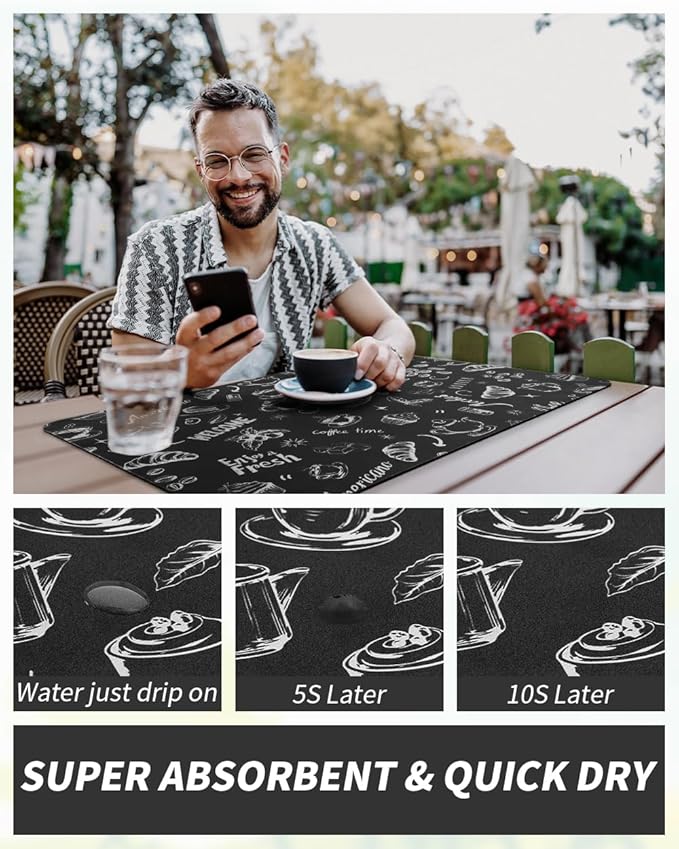 AMOAMI Coffee Mat Hide Stain Rubber Backed Absorbent Dish Drying Mat for Kitchen Counter - Fits Under Coffee Maker & Machine (17x31.5, Ink)