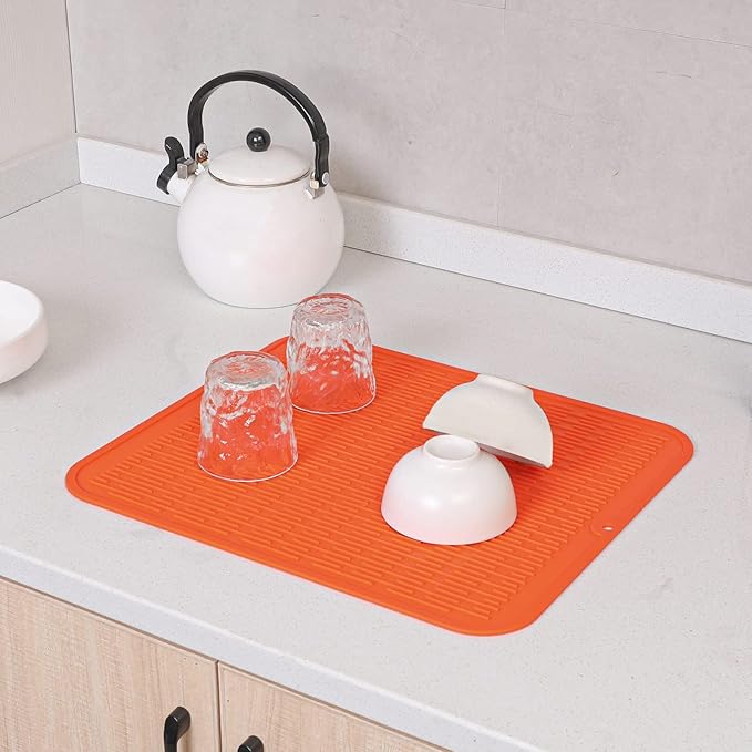 Silicone Dish Drying Mat for Multiple Usage,Easy clean,Eco-friendly,Heat-resistant Silicone Mat for Kitchen Counter or Sink,Refrigerator or Drawer Liner Orange 2XL 24 inches x 18 inches
