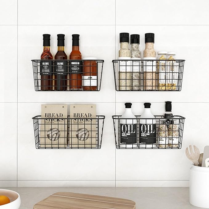 Adhesive Basket Wall Wire Basket Over the Cabinet Door Organizer No Drilling Mounted 4 Pack, Black