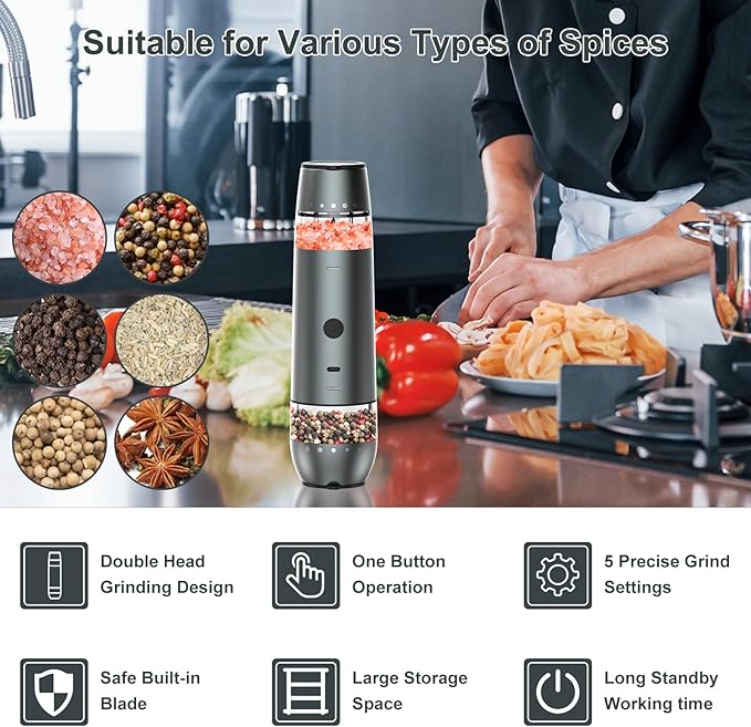 Electric Salt and Pepper Grinder Set 2 In 1 Duel Heads Grinding, Type-C Rechargeable, One-Hand Operation & Gravity, Automatic Salt and Pepper Grinder Set, Adjustable Coarseness (Gunmetal Grey)