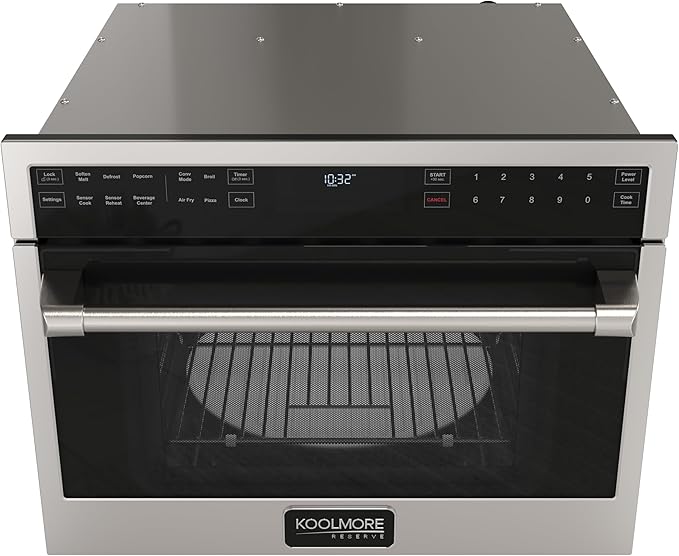 KoolMore KM-CWO24-AFSS Reserve Built-in Microwave Convection Oven with Air Fry, 3-in-1 Combo, Sensor Cook, Soft-Close Door, Stainless Steel, Premium 24 in. /1.6 cu. ft, Black