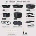 JEETEE Pots and Pans Set Non Stick 19pcs, Kitchen Cookware Sets with Detachable Handle, Induction Nonstick Cookware Set with Removable Handle, Stackable RV Cookware, Oven Safe, PFOA Free, Black