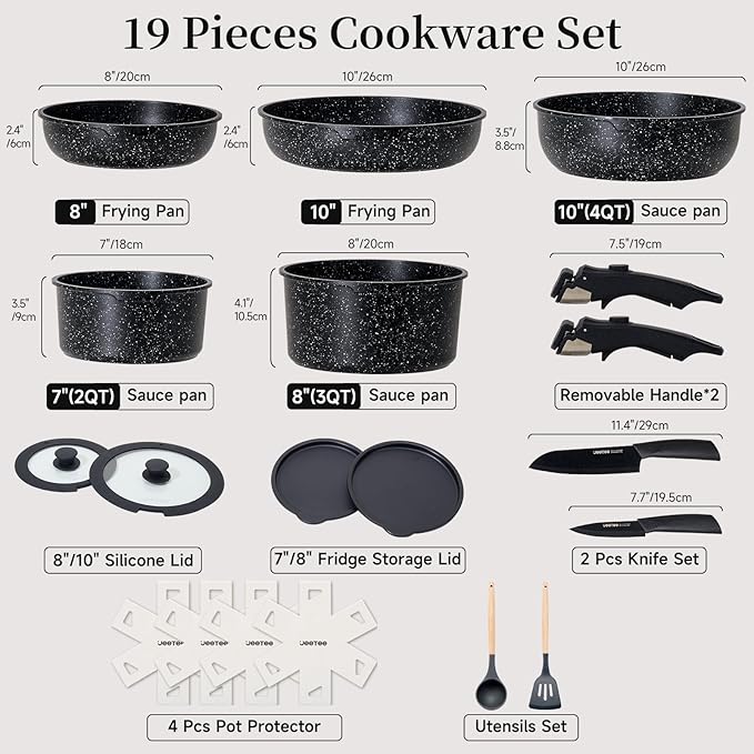 JEETEE Pots and Pans Set Non Stick 19pcs, Kitchen Cookware Sets with Detachable Handle, Induction Nonstick Cookware Set with Removable Handle, Stackable RV Cookware, Oven Safe, PFOA Free, Black