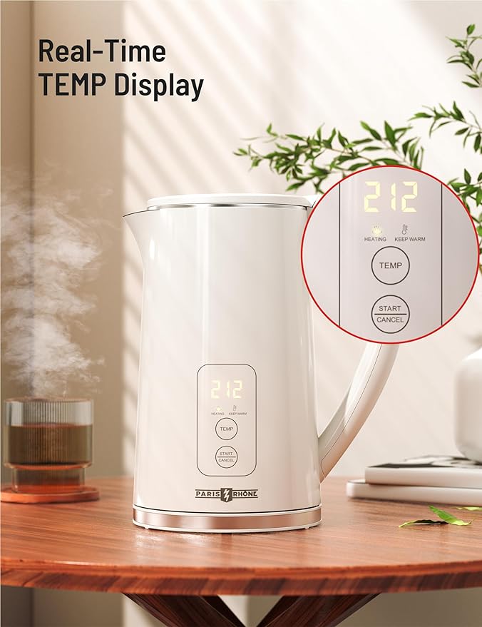 Electric Kettle Temperature Control, PARIS RHÔNE 1.7L Electric Kettle, 4H Keep Warm Water Boiler with 6 Presets, LED Screen Electric Kettles for Boiling Water, Boil-Dry Protection, BPA Free